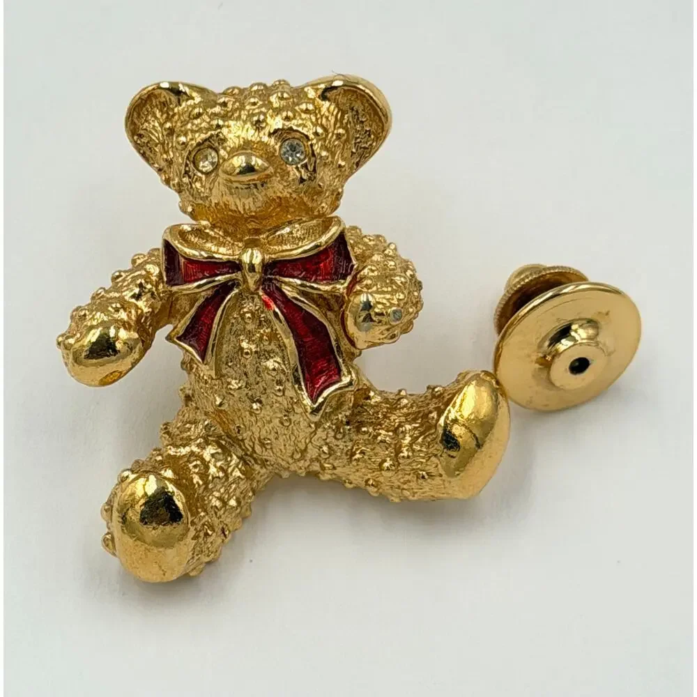 Vintage Avon Teddy Bear Pin Brooch, Gold Tone Metal, Red Enamel Bow